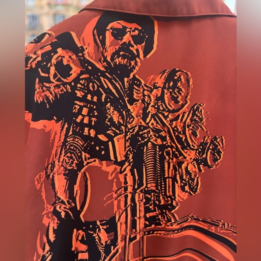 HARLEY-DAVIDSON ORANGE & BLACK Y2K BUTTON UP DUAL GRAPHIC PRINT SHIRT SIZE MED
